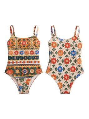 Agua Bendita Koraline Reversible One Piece Swimsuit Floral Tile Print Size S